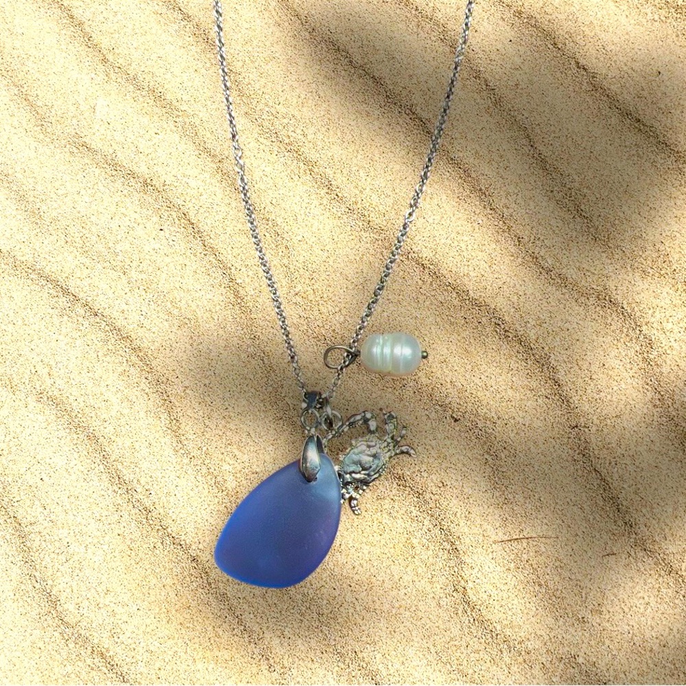 Silver crab necklace with blue sea glass and pearl